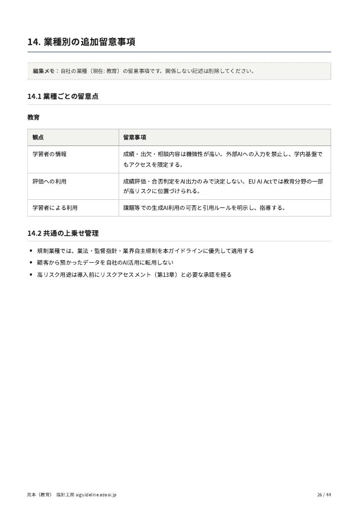 教育の見本の26ページ。業種別の追加留意事項の章