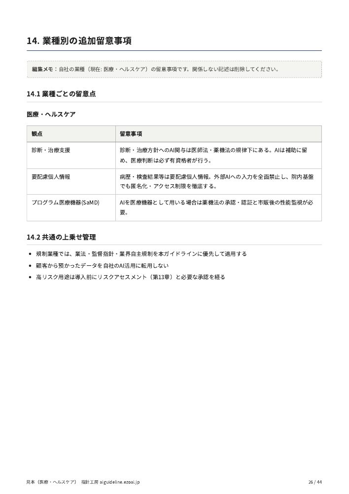 医療・ヘルスケアの見本の26ページ。業種別の追加留意事項の章