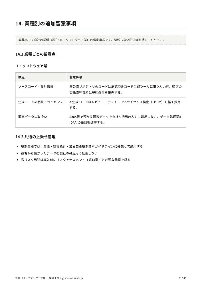 IT・ソフトウェア業の見本の26ページ。業種別の追加留意事項の章