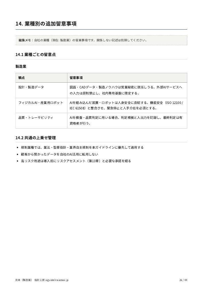 製造業の見本の26ページ。業種別の追加留意事項の章
